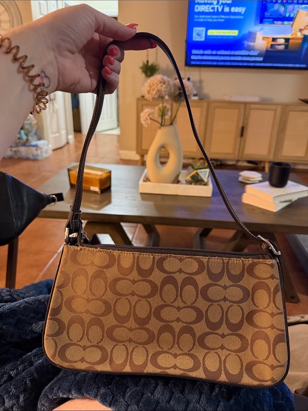 Coach Brown Signature Canvas Shoulder Bag with Dark Brown Trim